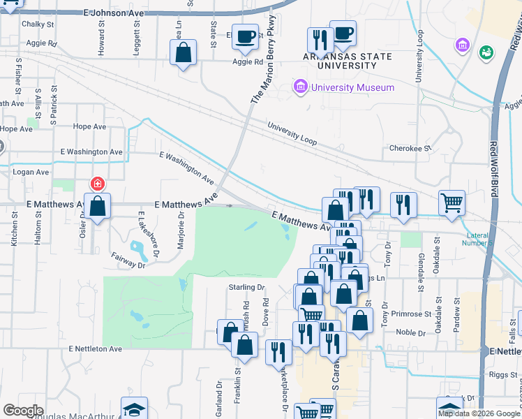 map of restaurants, bars, coffee shops, grocery stores, and more near 1998 East Washington Avenue in Jonesboro