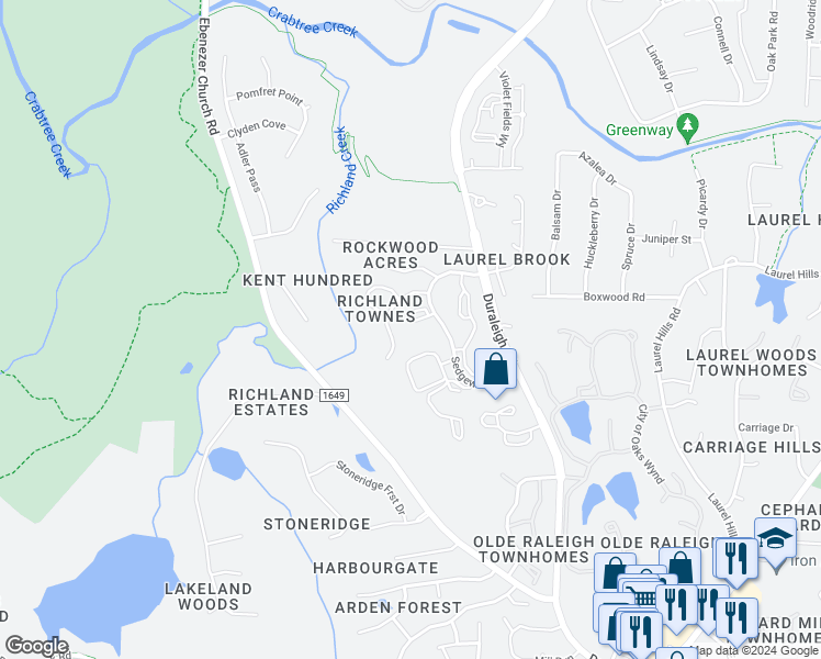 map of restaurants, bars, coffee shops, grocery stores, and more near 4100 Sedgewood Drive in Raleigh