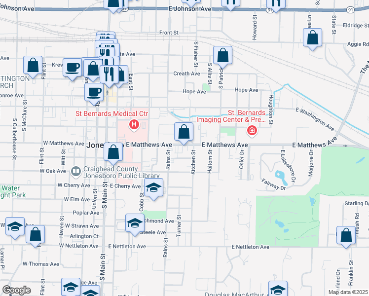 map of restaurants, bars, coffee shops, grocery stores, and more near 623 East Matthews Avenue in Jonesboro