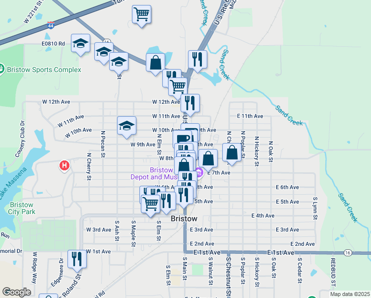 map of restaurants, bars, coffee shops, grocery stores, and more near 321 North Main Street in Bristow