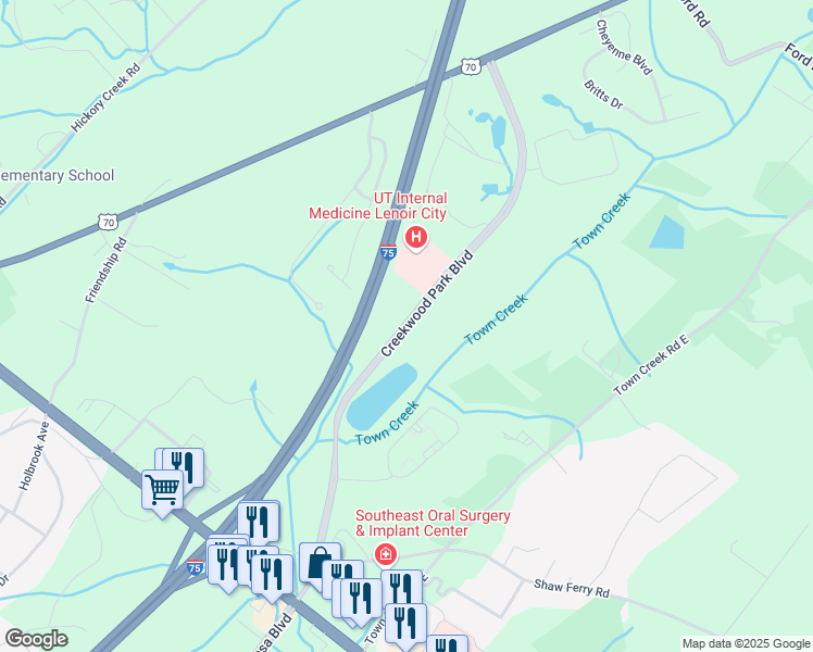 map of restaurants, bars, coffee shops, grocery stores, and more near Creekwood Park Boulevard in Lenoir City