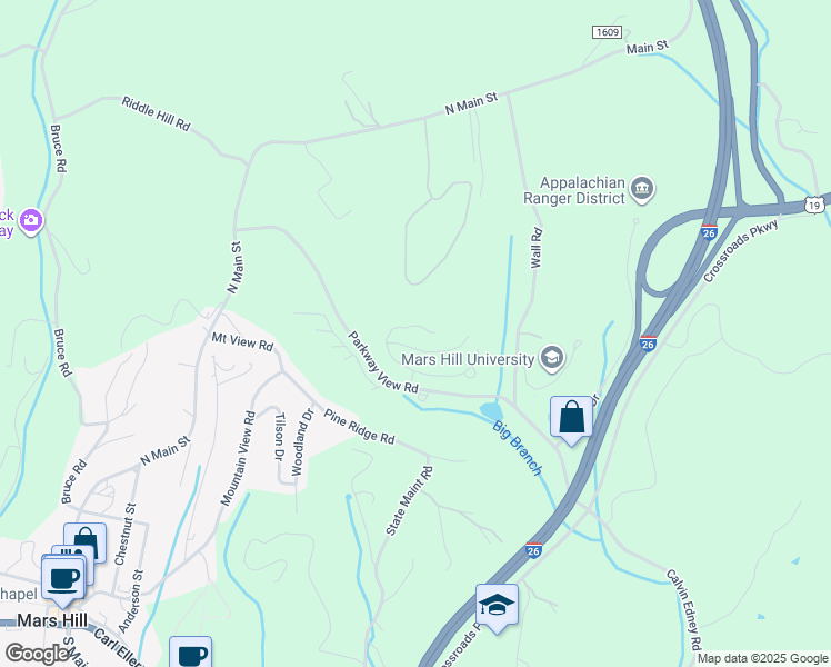map of restaurants, bars, coffee shops, grocery stores, and more near 491 Parkway View Road in Mars Hill