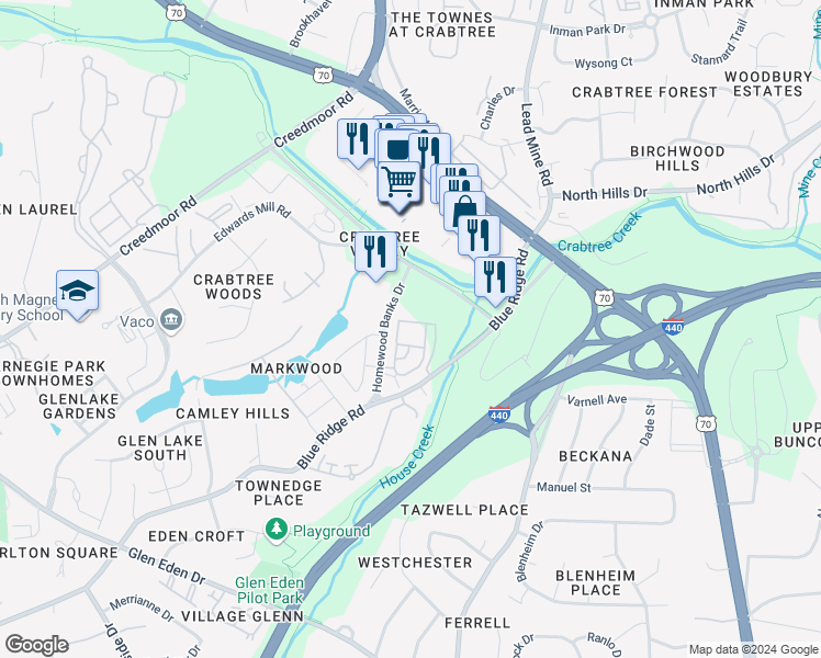 map of restaurants, bars, coffee shops, grocery stores, and more near 5401 Homewood Banks Drive in Raleigh