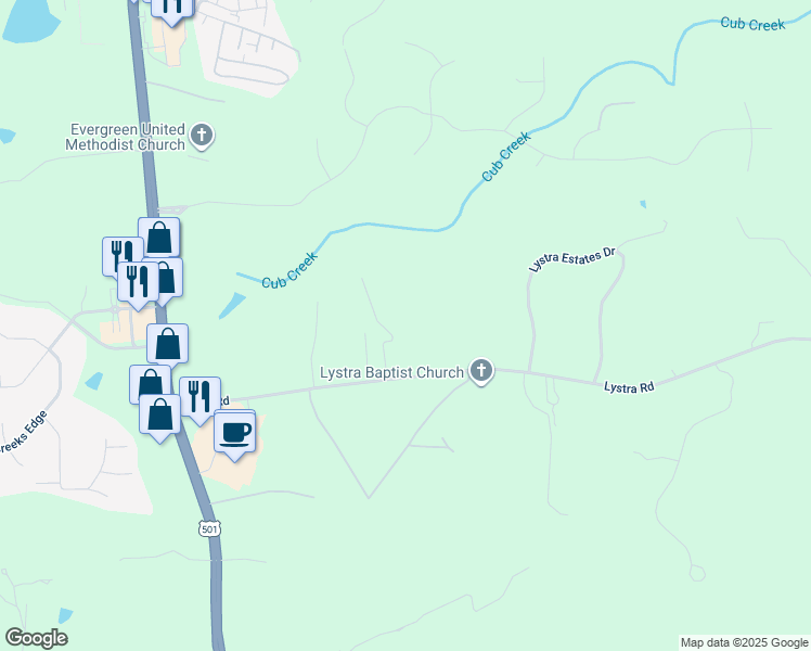 map of restaurants, bars, coffee shops, grocery stores, and more near 93 Lystra Hills Lane in Chapel Hill