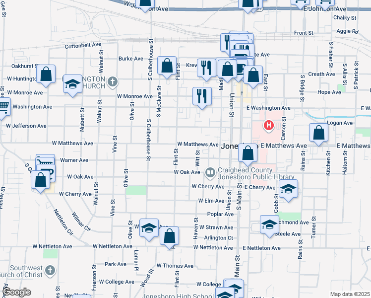 map of restaurants, bars, coffee shops, grocery stores, and more near 518 Warner Avenue in Jonesboro