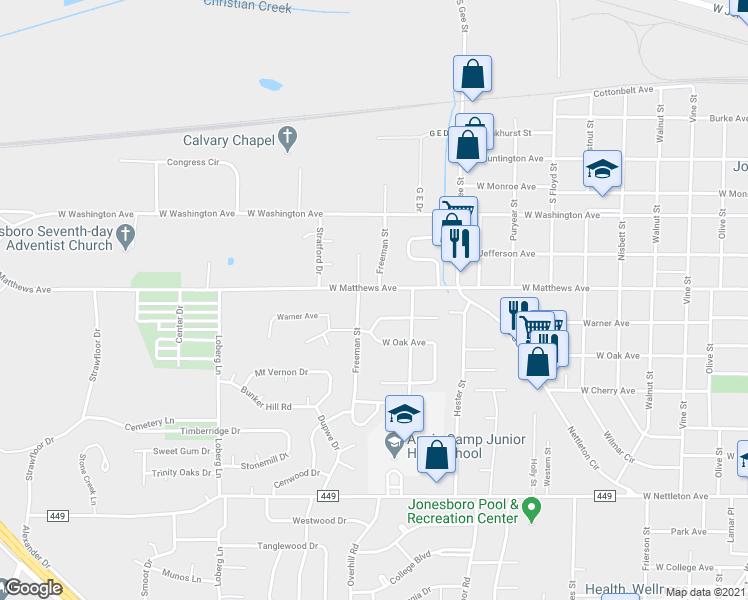 map of restaurants, bars, coffee shops, grocery stores, and more near 1800 Warner Avenue in Jonesboro