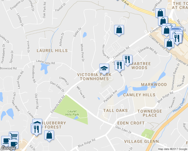 map of restaurants, bars, coffee shops, grocery stores, and more near 3914 Victoria Townes Lane in Raleigh