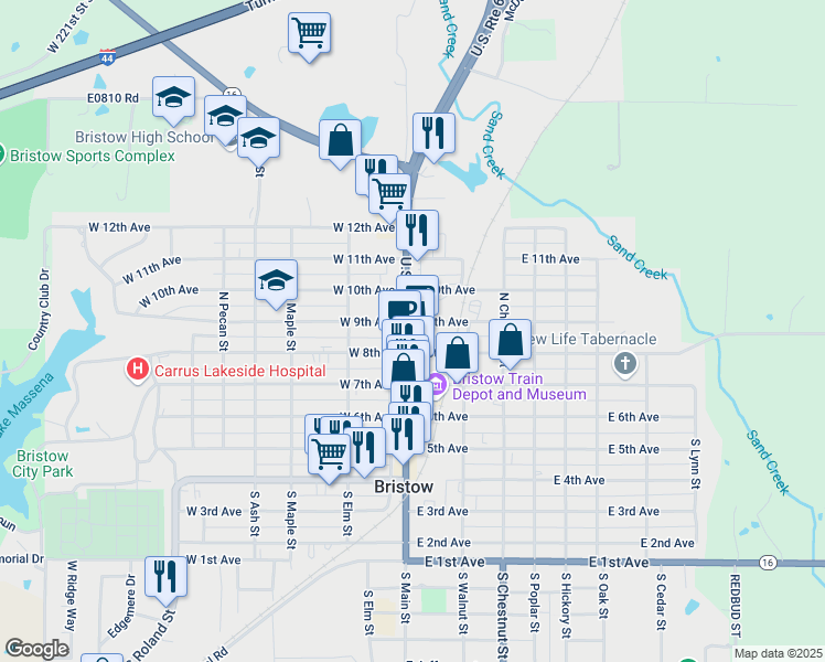 map of restaurants, bars, coffee shops, grocery stores, and more near 321 North Main Street in Bristow