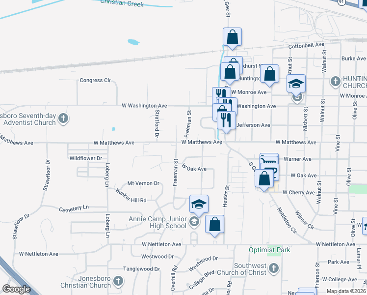 map of restaurants, bars, coffee shops, grocery stores, and more near 1723 West Matthews Avenue in Jonesboro
