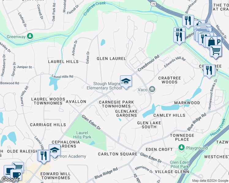 map of restaurants, bars, coffee shops, grocery stores, and more near 3914 Victoria Townes Lane in Raleigh