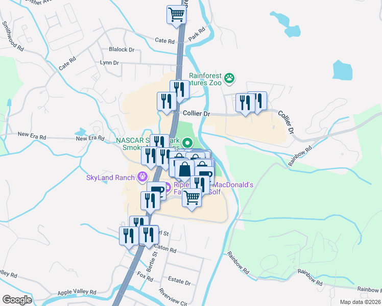 map of restaurants, bars, coffee shops, grocery stores, and more near 1545 Parkway in Sevierville