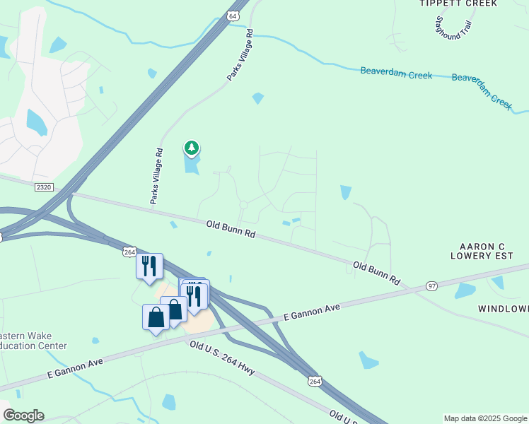 map of restaurants, bars, coffee shops, grocery stores, and more near 642 Shelford Trail in Zebulon