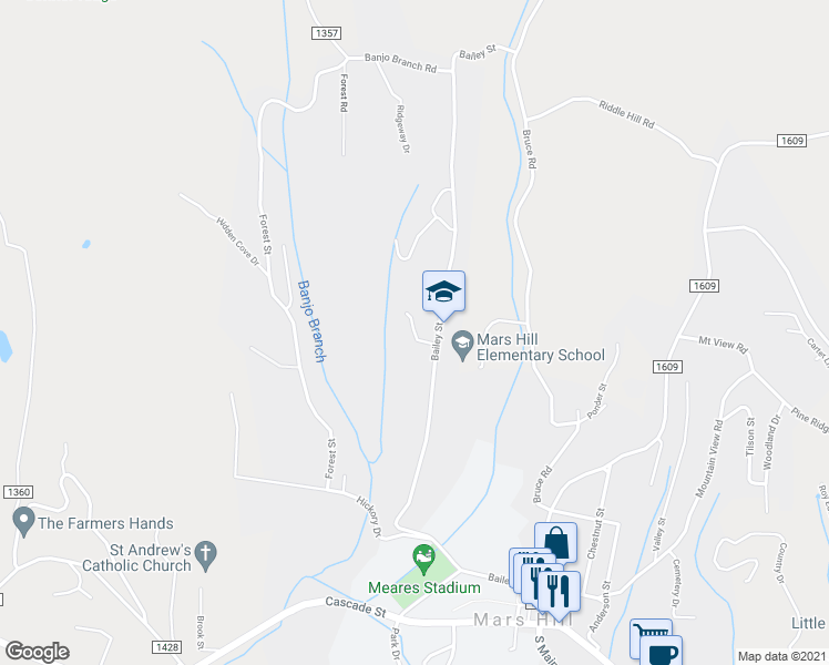 map of restaurants, bars, coffee shops, grocery stores, and more near 100 Bearwood Drive in Mars Hill