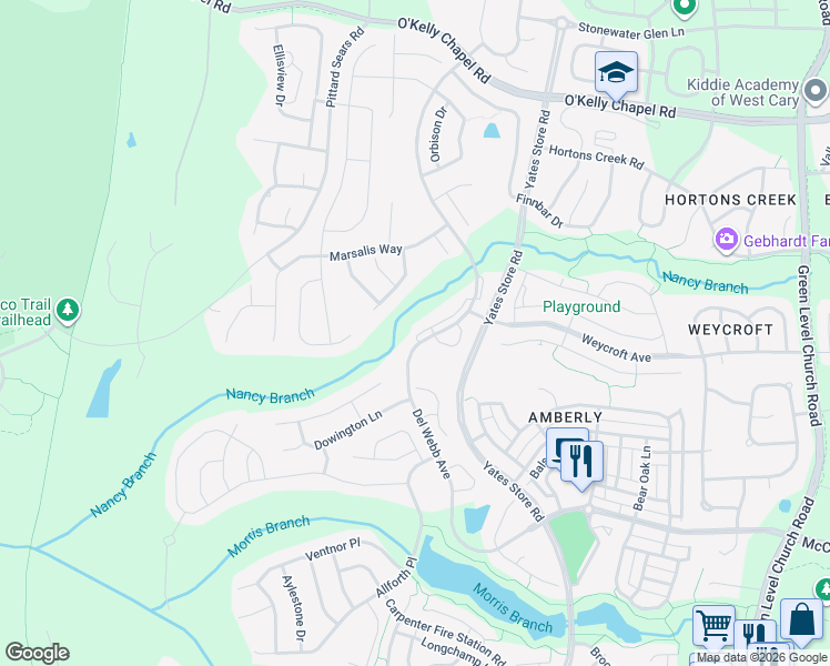 map of restaurants, bars, coffee shops, grocery stores, and more near 4203 Del Webb Avenue in Cary