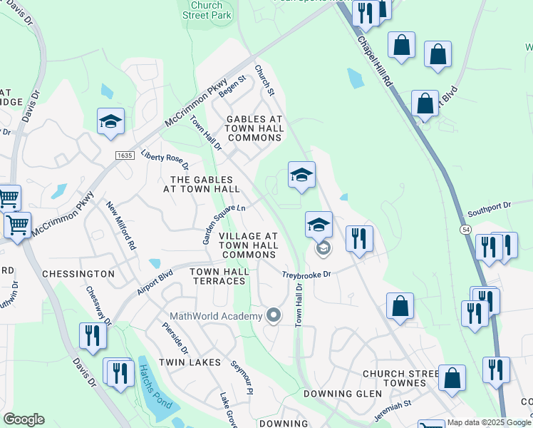 map of restaurants, bars, coffee shops, grocery stores, and more near 111 Governors House Drive in Morrisville