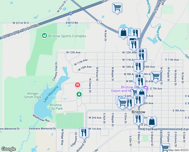 map of restaurants, bars, coffee shops, grocery stores, and more near 517 West 8th Street in Bristow