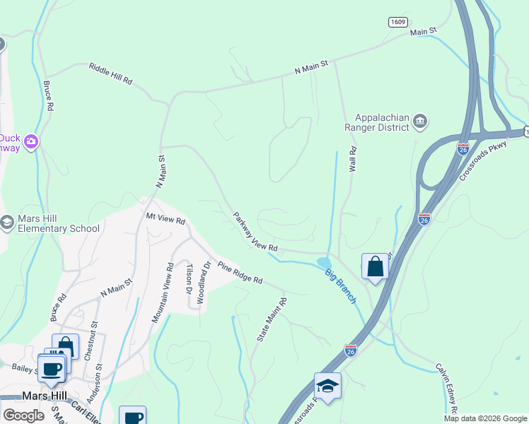 map of restaurants, bars, coffee shops, grocery stores, and more near 491 Parkway View Road in Mars Hill
