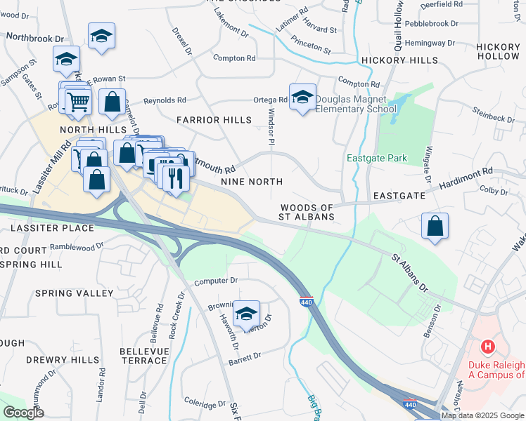 map of restaurants, bars, coffee shops, grocery stores, and more near 401 Saint Albans Drive in Raleigh