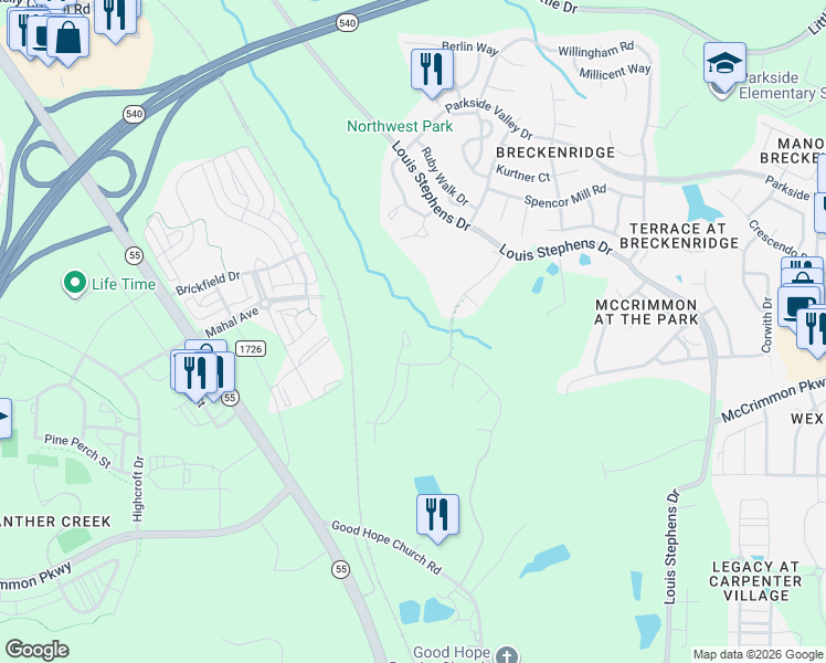 map of restaurants, bars, coffee shops, grocery stores, and more near 4257 Lofty Ridge Place in Morrisville