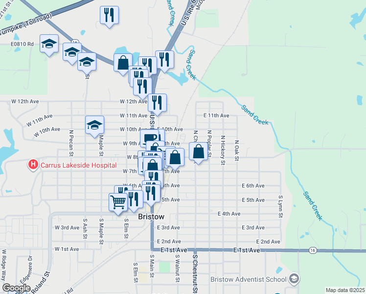 map of restaurants, bars, coffee shops, grocery stores, and more near 210 East 9th Avenue in Bristow