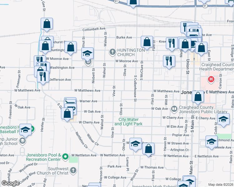 map of restaurants, bars, coffee shops, grocery stores, and more near 818 Warner Avenue in Jonesboro