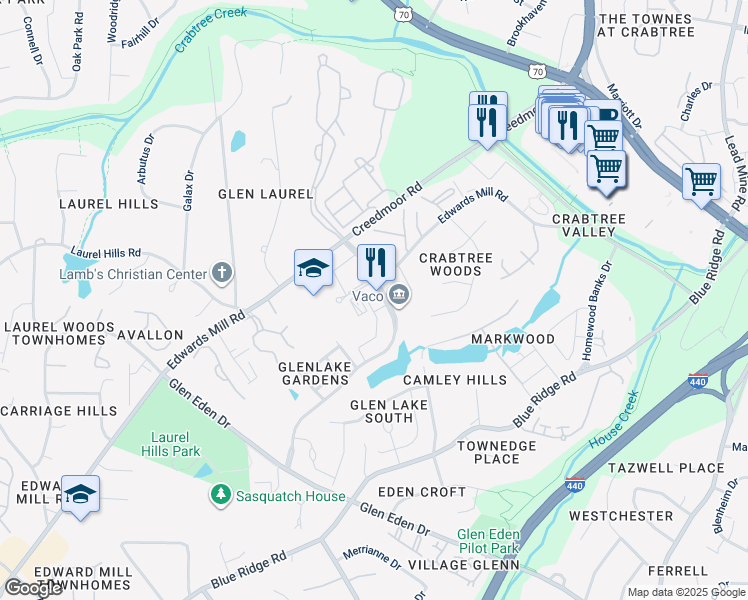 map of restaurants, bars, coffee shops, grocery stores, and more near 4141 Parklake Avenue in Raleigh
