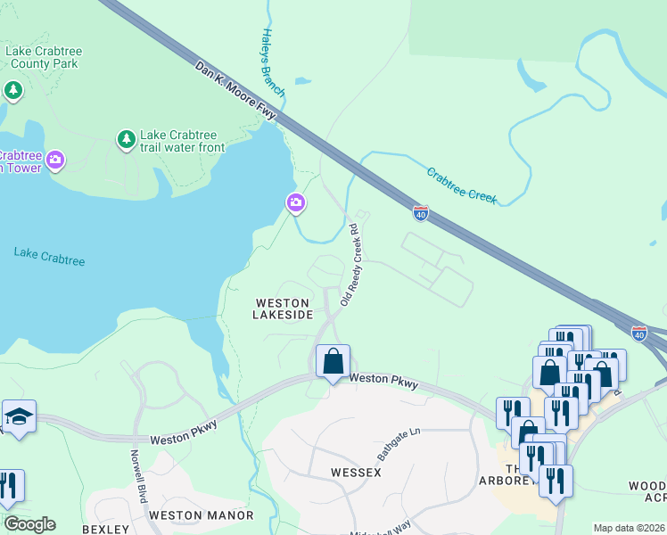 map of restaurants, bars, coffee shops, grocery stores, and more near 2101 Lakeside Lofts Circle in Cary