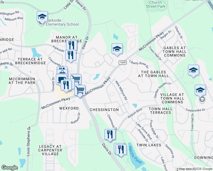 map of restaurants, bars, coffee shops, grocery stores, and more near 144 Point Comfort Lane in Cary