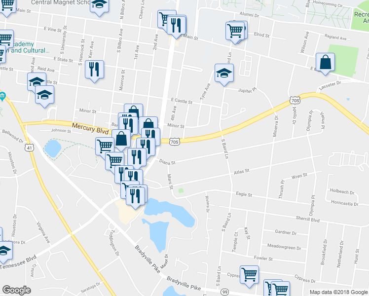 map of restaurants, bars, coffee shops, grocery stores, and more near 1315 Diana Street in Murfreesboro