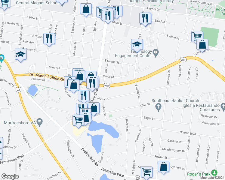 map of restaurants, bars, coffee shops, grocery stores, and more near 1302 Mercury Boulevard in Murfreesboro