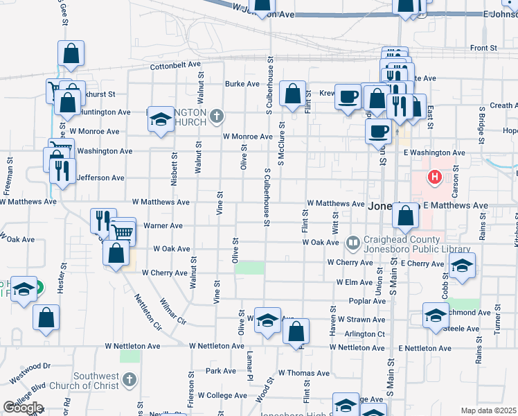 map of restaurants, bars, coffee shops, grocery stores, and more near 728 Warner Avenue in Jonesboro