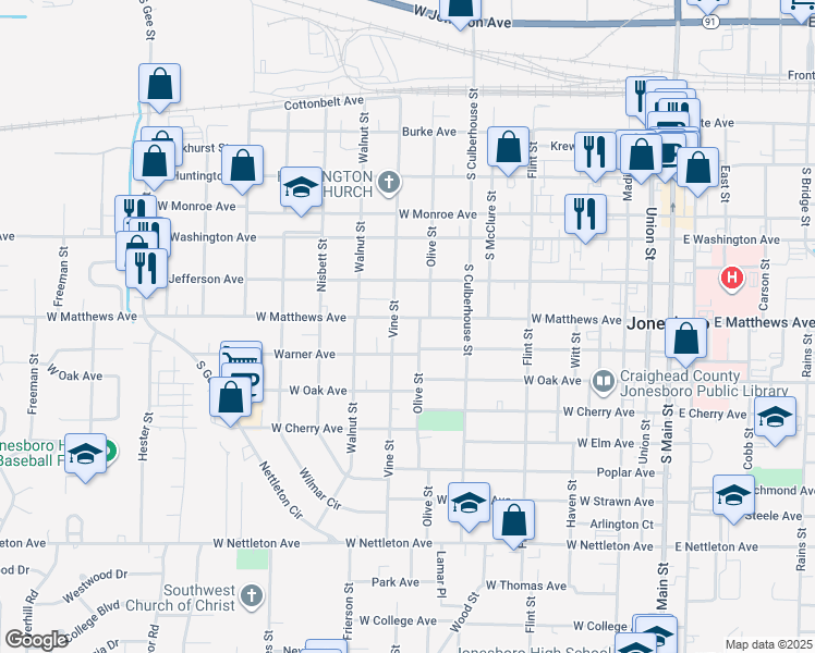 map of restaurants, bars, coffee shops, grocery stores, and more near 818 Warner Avenue in Jonesboro