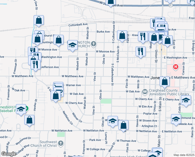 map of restaurants, bars, coffee shops, grocery stores, and more near 818 Warner Avenue in Jonesboro