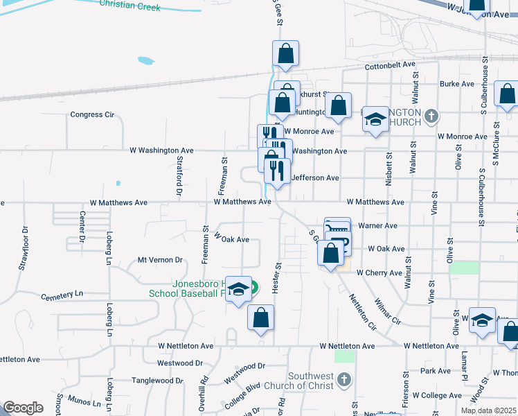 map of restaurants, bars, coffee shops, grocery stores, and more near 900 Ferrell Street in Jonesboro