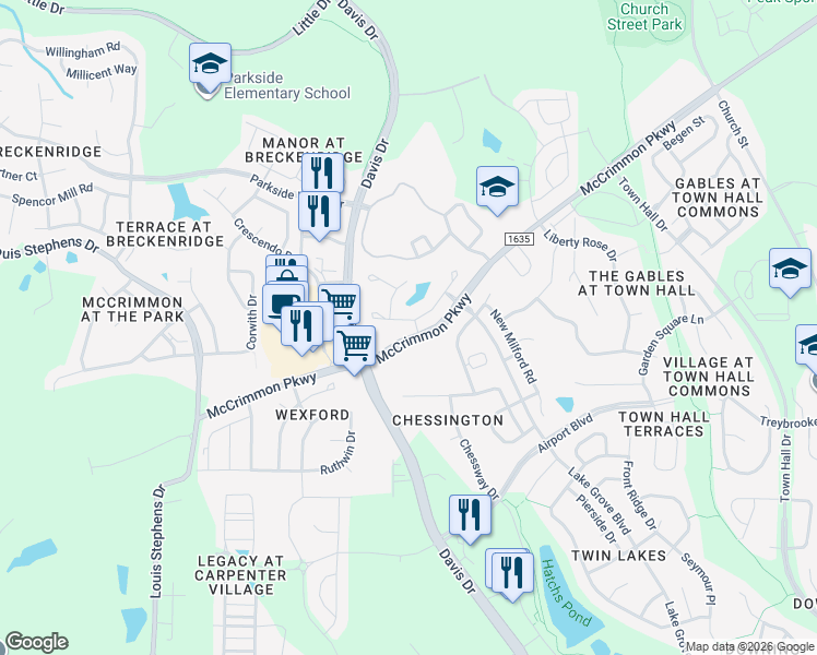 map of restaurants, bars, coffee shops, grocery stores, and more near 605 Berry Chase Way in Cary