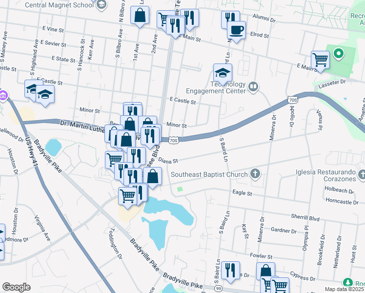 map of restaurants, bars, coffee shops, grocery stores, and more near 1315 Diana Street in Murfreesboro