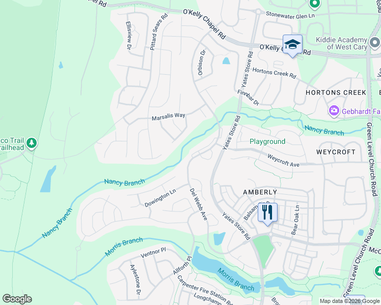 map of restaurants, bars, coffee shops, grocery stores, and more near 4203 Del Webb Avenue in Cary