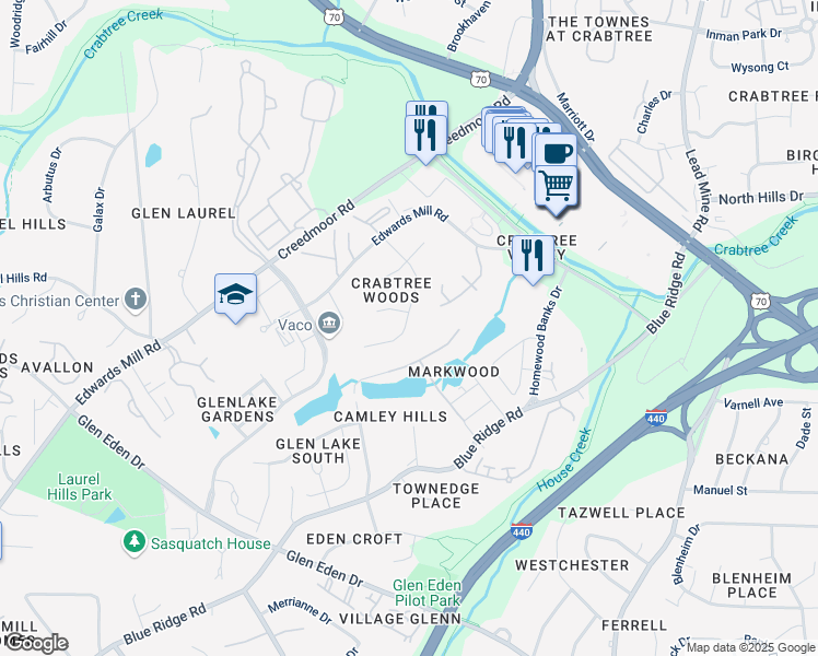 map of restaurants, bars, coffee shops, grocery stores, and more near 4030 Arckelton Drive in Raleigh