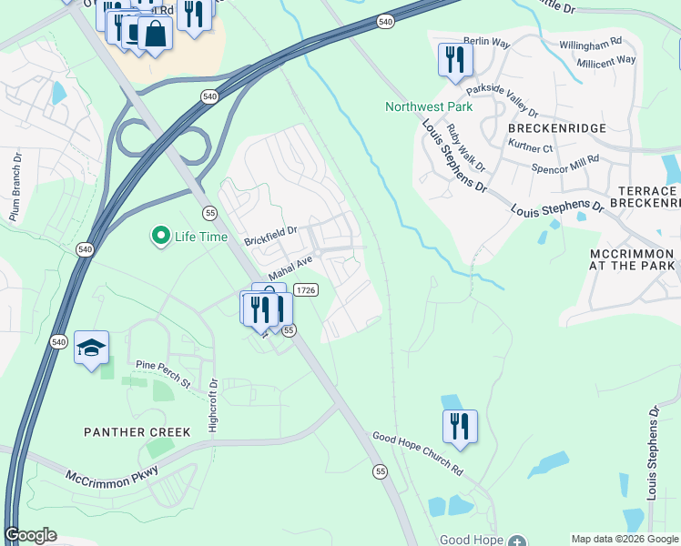 map of restaurants, bars, coffee shops, grocery stores, and more near 1720 Petty Farm Road in Cary