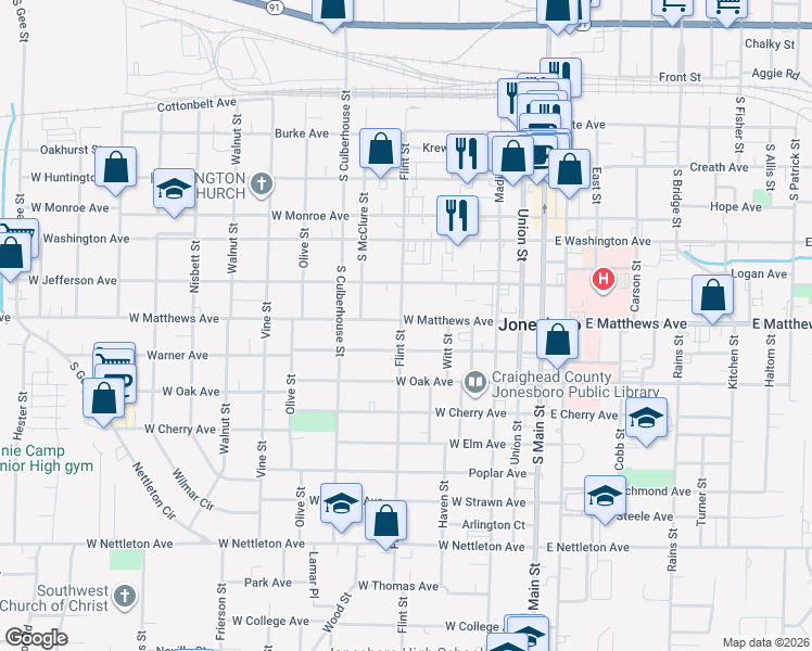 map of restaurants, bars, coffee shops, grocery stores, and more near 525 West Matthews Avenue in Jonesboro