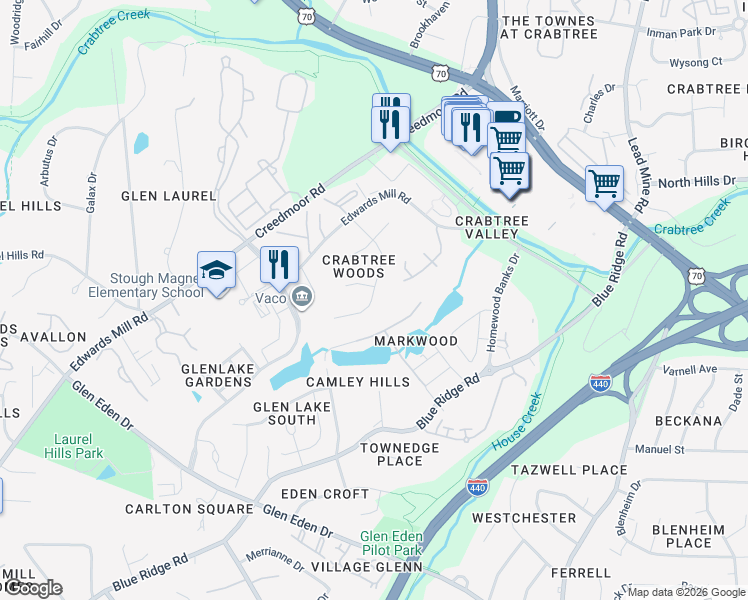 map of restaurants, bars, coffee shops, grocery stores, and more near 4032 Arckelton Drive in Raleigh