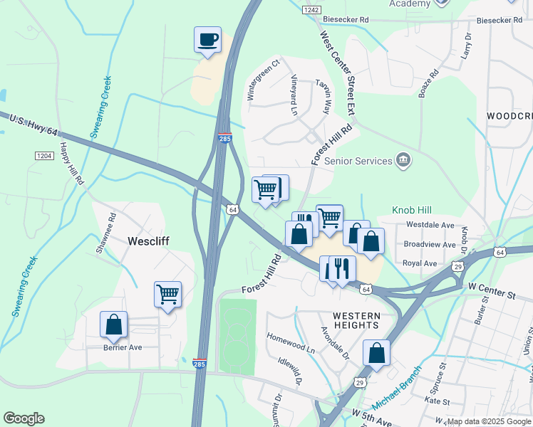 map of restaurants, bars, coffee shops, grocery stores, and more near 140 Forest Hill Road in Lexington