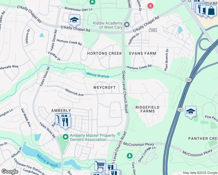 map of restaurants, bars, coffee shops, grocery stores, and more near 105 Weycroft Grant Drive in Cary