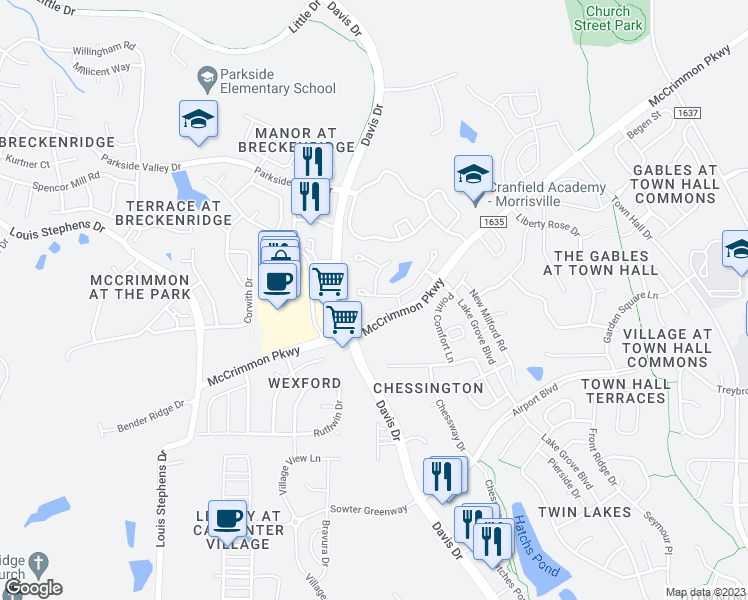 map of restaurants, bars, coffee shops, grocery stores, and more near 629 Berry Chase Way in Cary