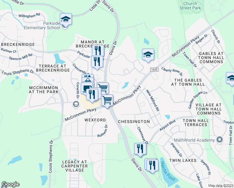 map of restaurants, bars, coffee shops, grocery stores, and more near 629 Berry Chase Way in Cary