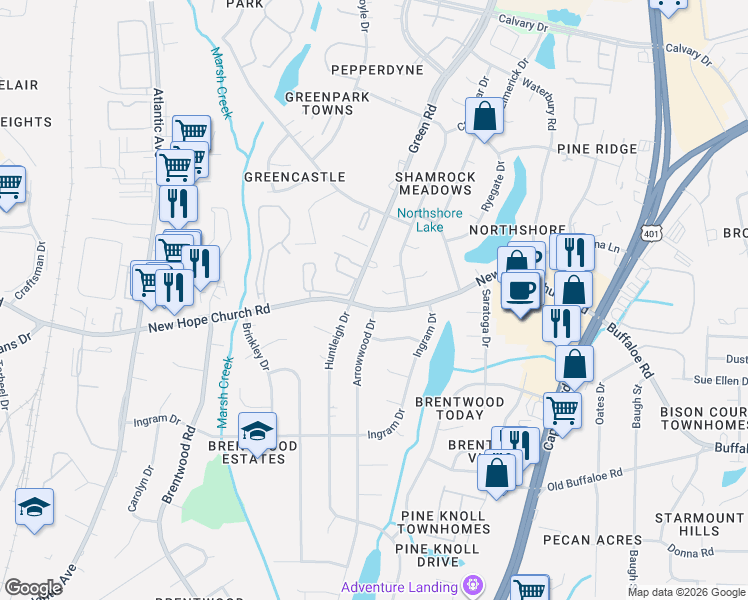map of restaurants, bars, coffee shops, grocery stores, and more near 3809 Arrowwood Drive in Raleigh