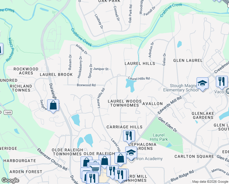 map of restaurants, bars, coffee shops, grocery stores, and more near 4008 Laurel Hills Road in Raleigh