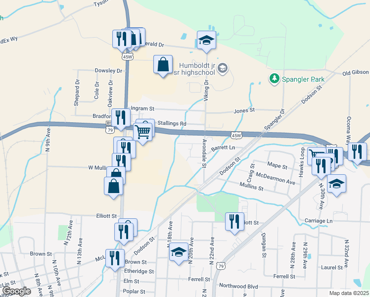 map of restaurants, bars, coffee shops, grocery stores, and more near 2035 Barrett Lane in Humboldt