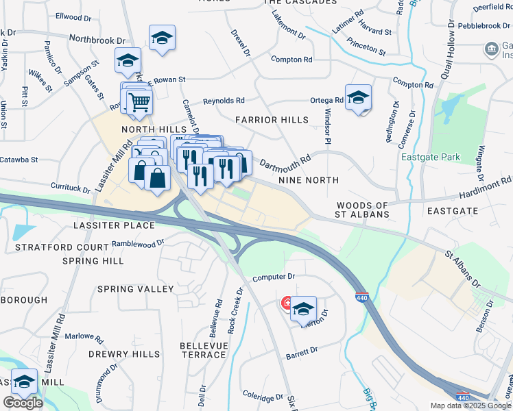 map of restaurants, bars, coffee shops, grocery stores, and more near 4030 Cardinal at North Hills Street in Raleigh