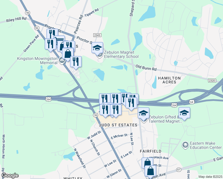 map of restaurants, bars, coffee shops, grocery stores, and more near 1213 Shepard School Road in Zebulon